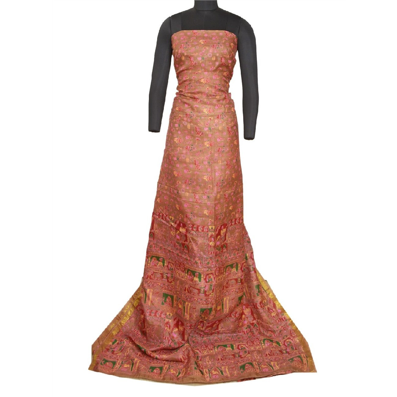 Sanskriti Vintage Sarees Pink/Green Zari Border Pure Silk Printed Sari Sustainable Fabric