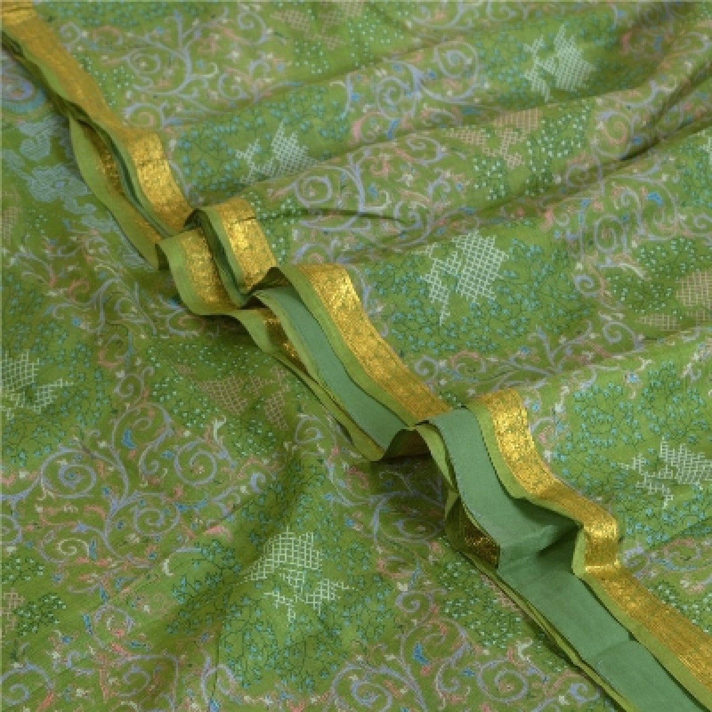 Sanskriti Vintage Sarees Green Zari Border Pure Silk Printed Sari Craft Sustainable Fabric
