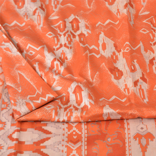 Sanskriti Vintage Sarees Orange Animal Printed 100% Pure Silk Sari Craft Sustainable Fabric