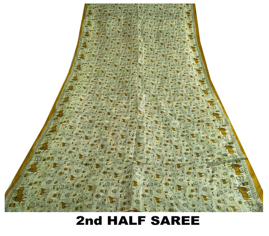 Sanskriti Vintage Sarees Indisk Creme/Rød Ren Silke Trykt Sari Håndværksmæssigt Bæredygtigt Stoff