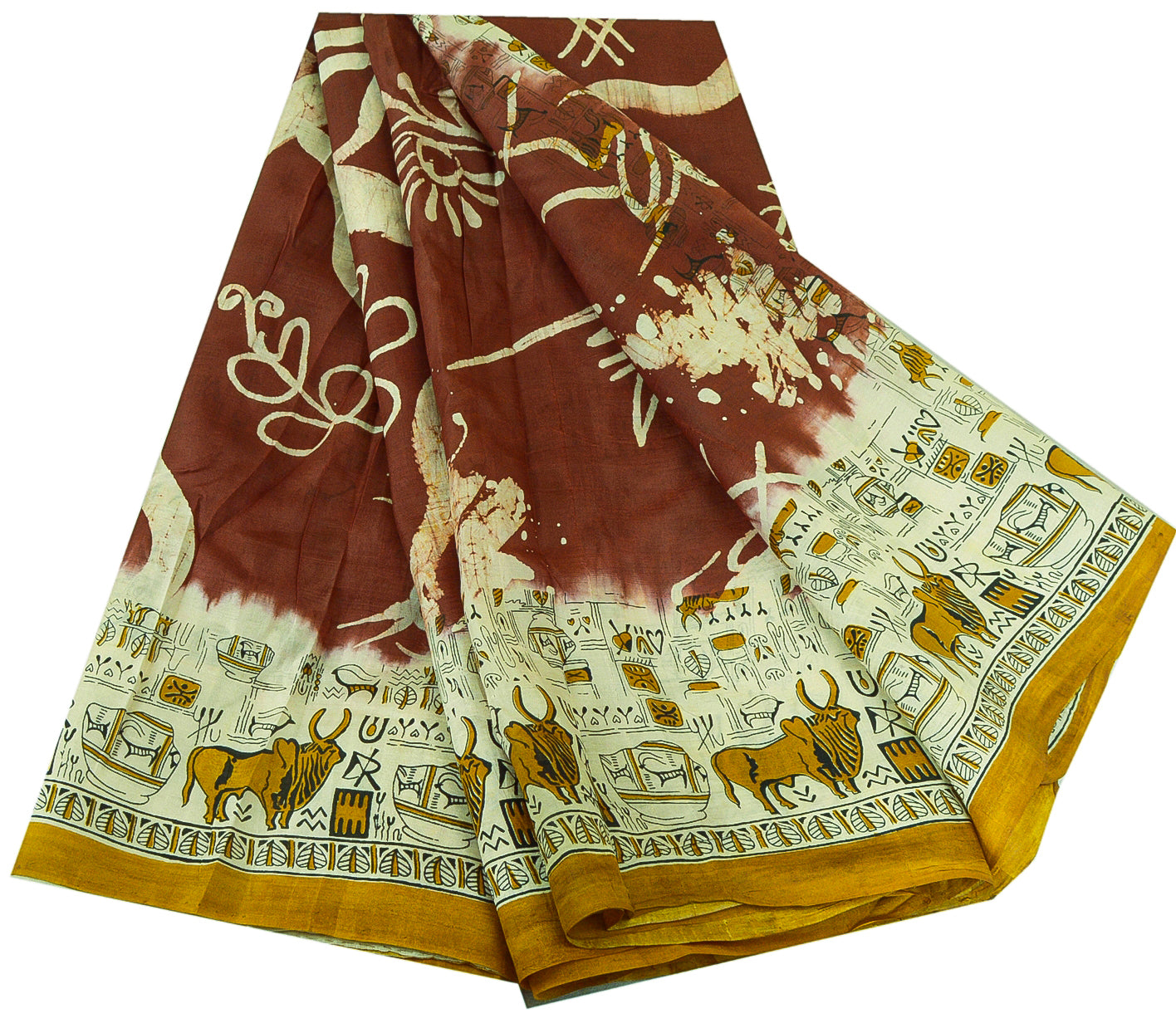 Sanskriti Vintage Sarees Indian Cream/Red Pure Silk Printed Sari Craft Sustainable Fabric