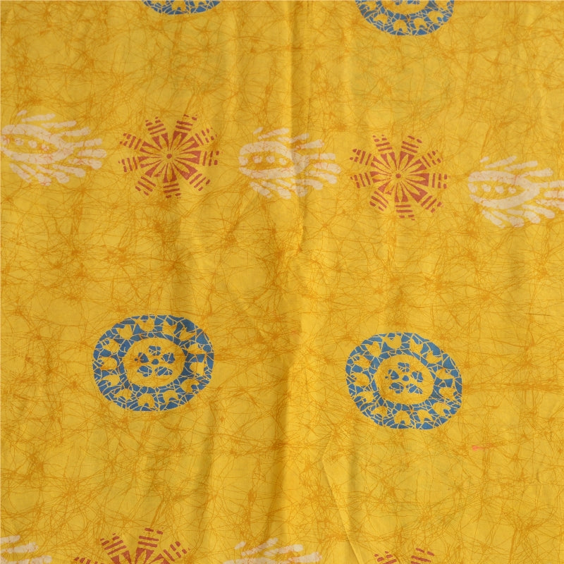 Sanskriti Vintage Sarees Yellow/Red Batik Printed Pure Silk Sari Craft Sustainable Fabric