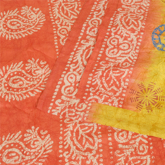 Sanskriti Vintage Sarees Yellow/Red Batik Printed Pure Silk Sari Craft Sustainable Fabric