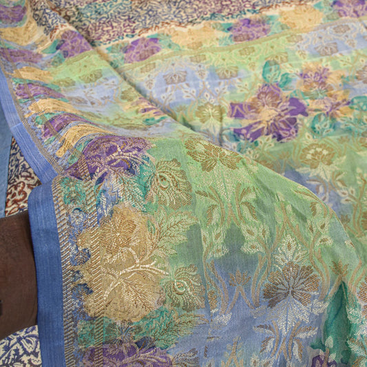 Sanskriti Vintage Saree Multicolor Pure Silk Floral Block & Woven Sari 5Yard DIY