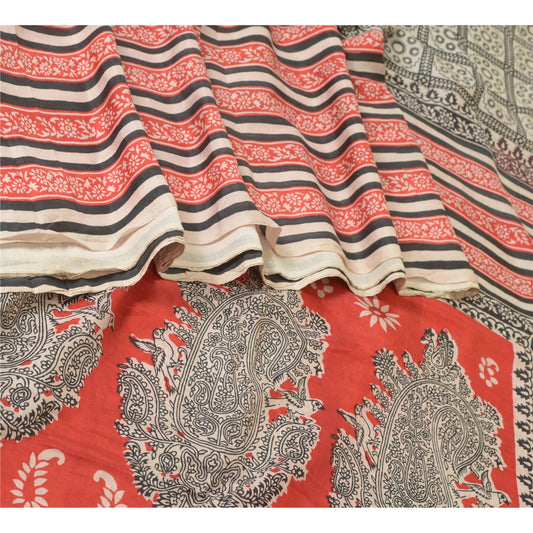 Sanskriti Vintage Sarees Black & Red 100%Pure Silk Printed Sari 5YD Craft Fabric