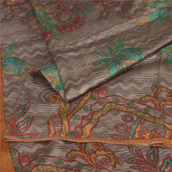 Sanskriti Vintage Sarees From India Gray Printed Pure Silk Sari 5yd Craft Fabric