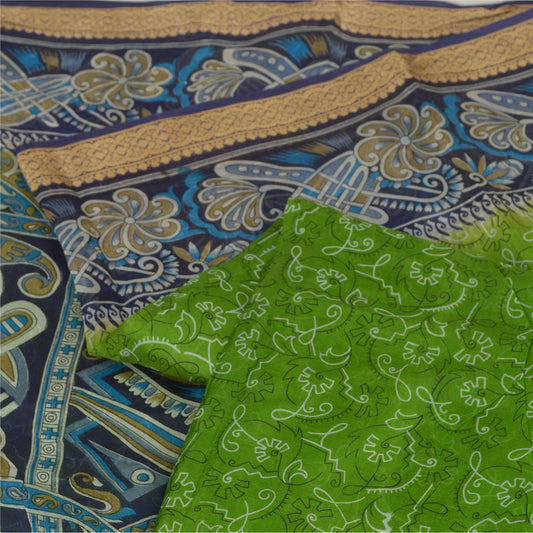 Sanskriti Vintage Sarees Green/Blue 100% Pure Silk Printed Sari 5yd Craft Sustainable Fabric