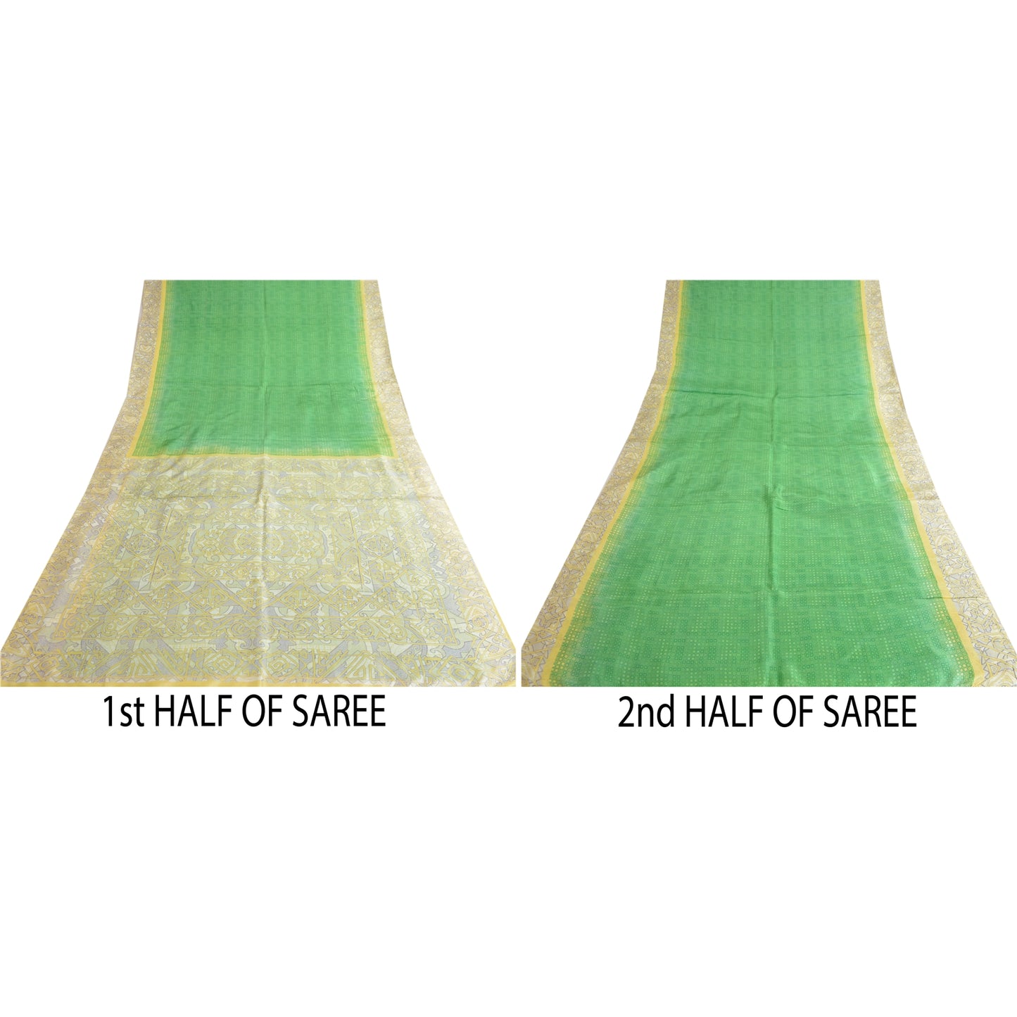 Sanskriti Vintage Sarees Green/Ivory 100% Pure Silk Printed Sari Craft Sustainable Fabric