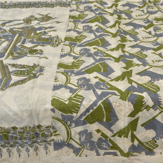 Sanskriti Vintage Sarees Indian Ivory Pure Silk Printed Sari 5 yard Craft Sustainable Fabric