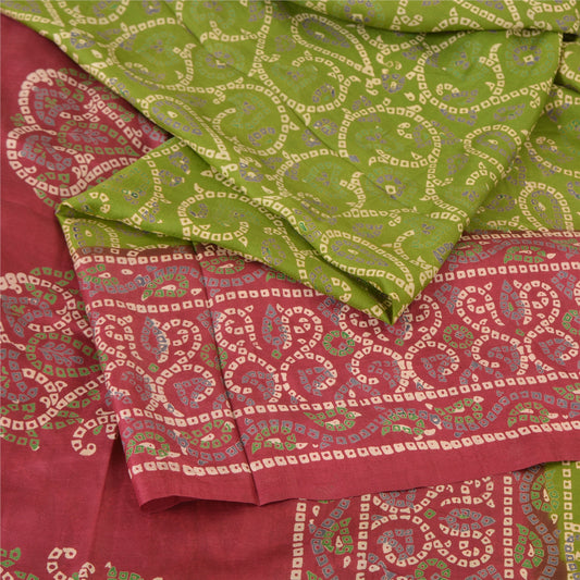Sanskriti Vintage Sarees Green/Red Bandhani Pure Silk Printed Sari Craft Sustainable Fabric