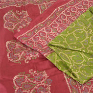 Sanskriti Vintage Sarees Green/Red Bandhani Pure Silk Printed Sari Craft Fabric