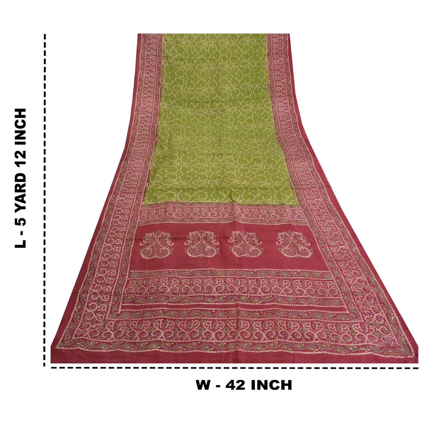 Sanskriti Vintage Sarees Green/Red Bandhani Pure Silk Printed Sari Craft Sustainable Fabric