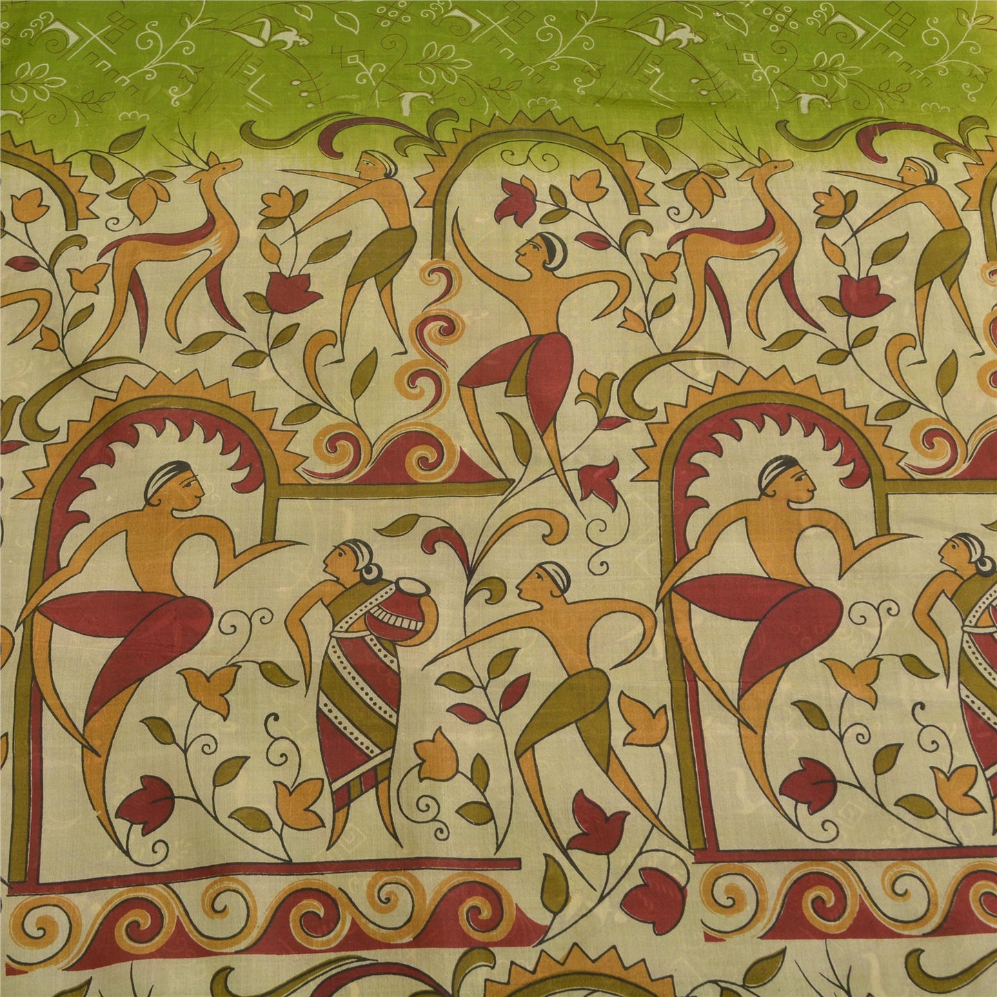 Sanskriti Vintage Sarees Indian Green Pure Silk Human Printed Sari Craft Sustainable Fabric