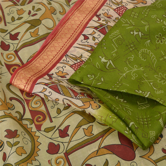 Sanskriti Vintage Sarees Indian Green Pure Silk Human Printed Sari Craft Sustainable Fabric