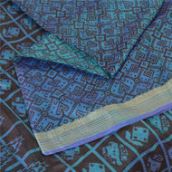 Sanskriti Vintage Sarees Blue Patan Patola Printed Pure Silk Sari Craft Fabric
