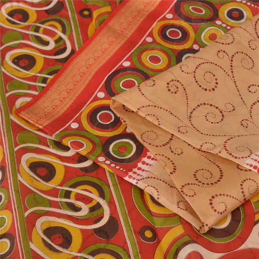 Sanskriti Vintage Sarees Indian Peach Pure Silk Printed Sari 6yd Craft Sustainable Fabric