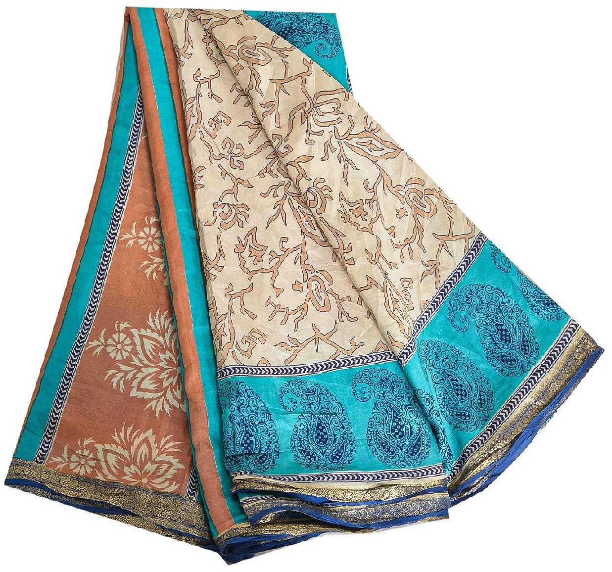 Sanskriti Vintage Sarees Indian Ivory 100% Pure Silk Printed Sari Craft Sustainable Fabric
