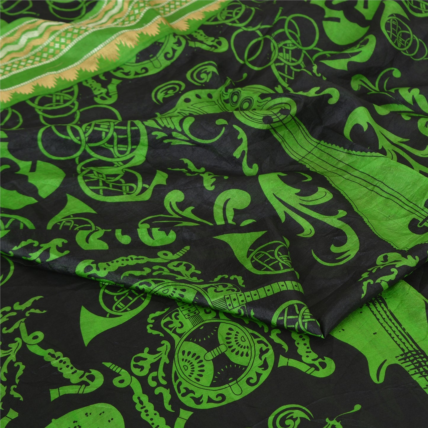 Sanskriti Vintage Sarees Black/Green Pure Silk MusicInstrument Print Sari Sustainable Fabric