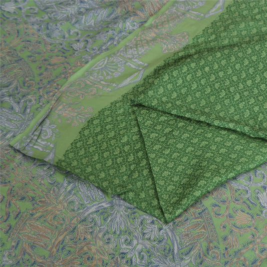 Sanskriti Vintage Sarees Indian Green Pure Silk Printed Sari 5yd Craft Sustainable Fabric