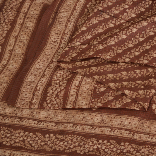 Sanskriti Vintage Sarees Brown 100% Pure Silk Printed Sari 5yd Soft Craft Sustainable Fabric