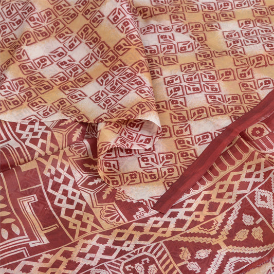 Sanskriti Vintage Sarees Red/Cream 100% Pure Silk Printed Sari 5yd Craft Sustainable Fabric