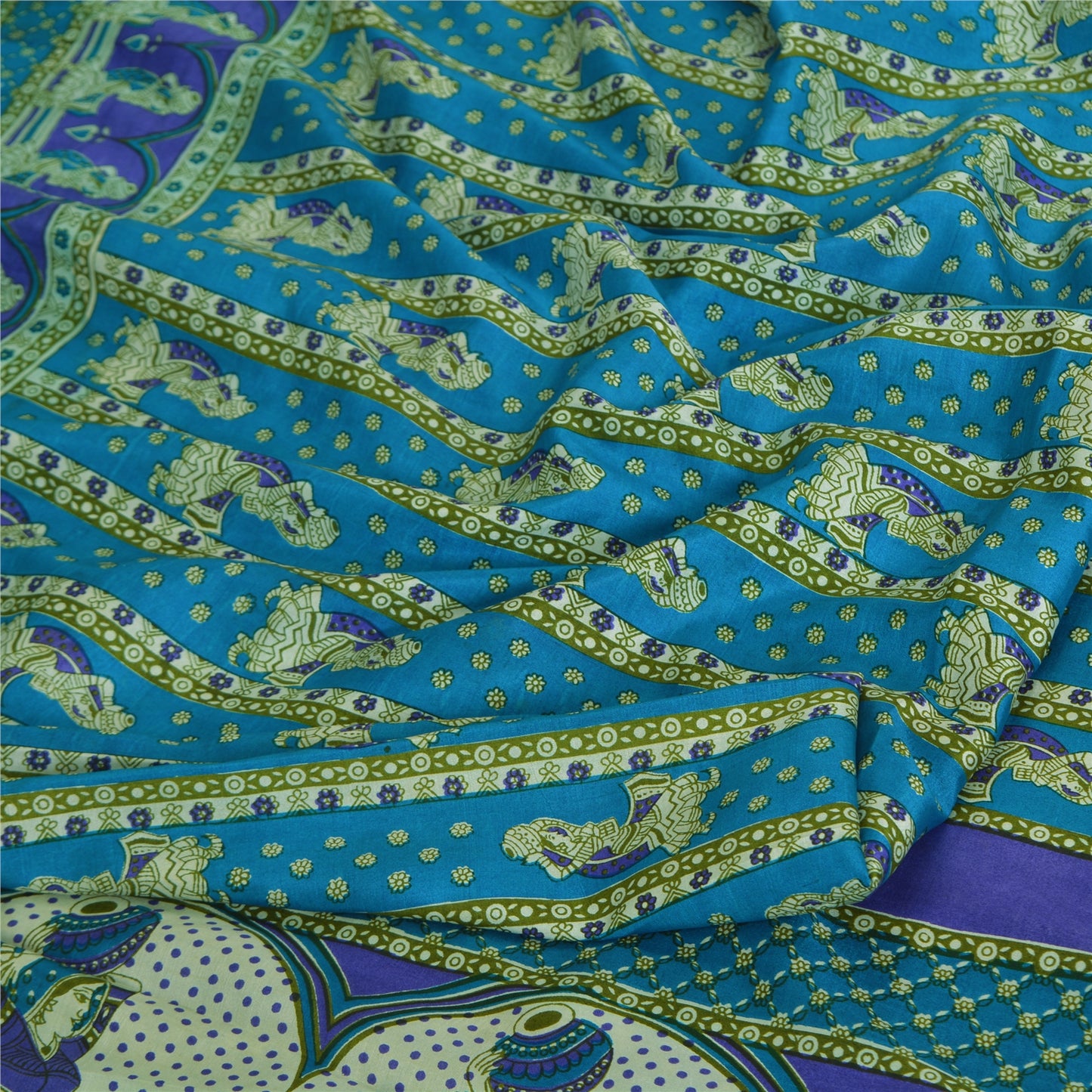 Sanskriti Vintage Sarees Indian Blue Pure Silk Women Printed Sari Craft Sustainable Fabric