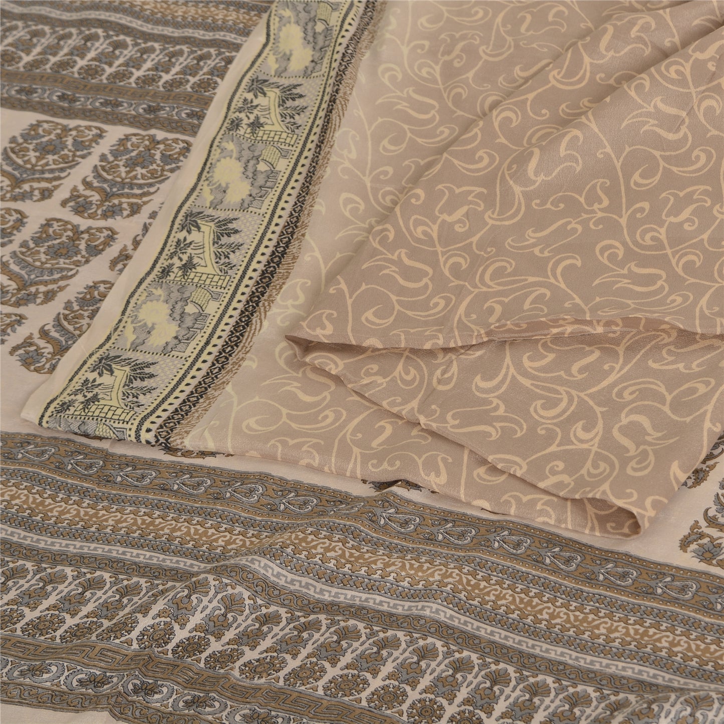 Санскритские винтажные сари светло-коричневые 100% чистый шелк напечатанное сари 5 ярдов ремесленная устойчивая ткань