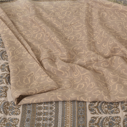 Sanskriti Vintage Sarees Light Brown 100%Pure Silk Printed Sari 5yd Craft Sustainable Fabric