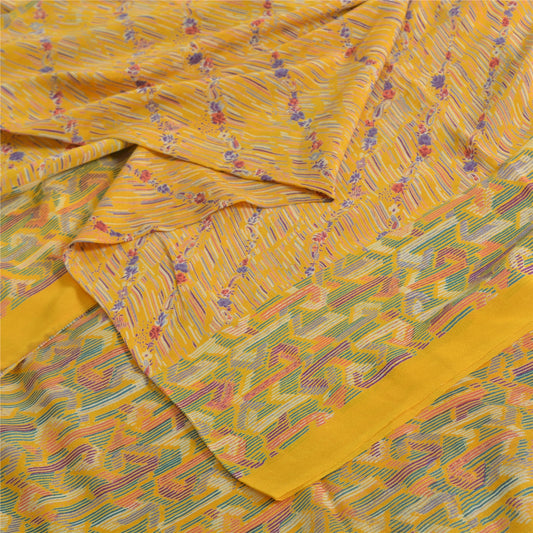 Sanskriti Vintage Sarees Yellow Indian Pure Silk Printed Sari 5yd Craft Sustainable Fabric