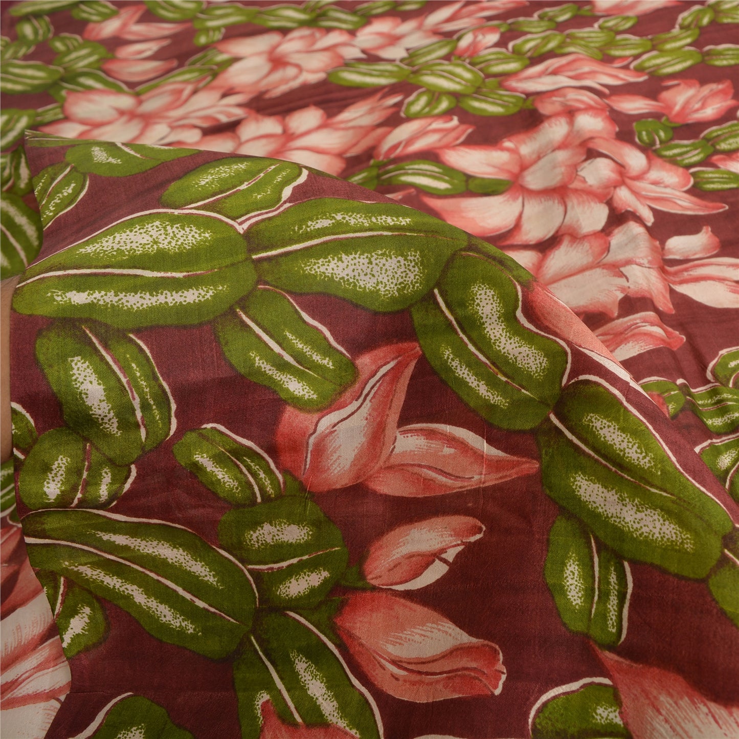 Sanskriti Vintage Sarees Indian Dark Red Pure Silk Printed Sari 5yd Craft Sustainable Fabric