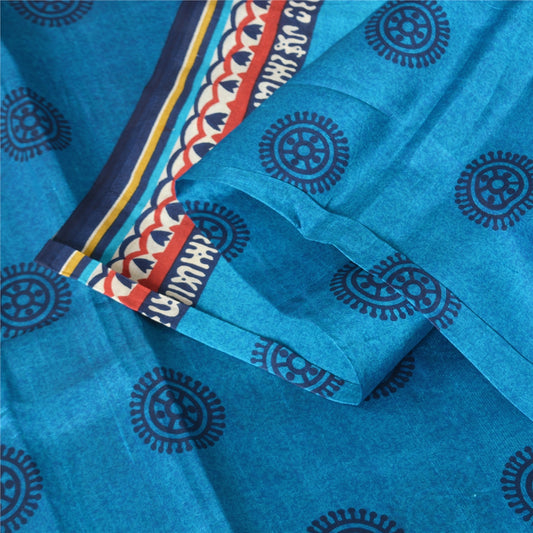 Sanskriti Vintage Sarees Blue Pure Silk Geometric Printed 5+YD Sari DIY Projects