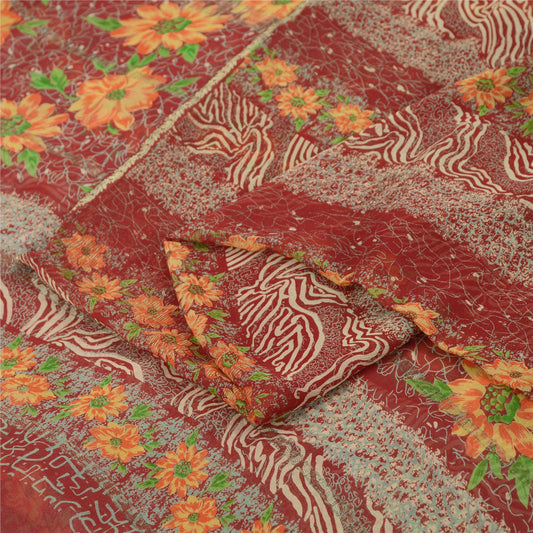 Sanskriti Vintage Sarees From India Red Pure Silk Printed Sari 5yd Craft Sustainable Fabric