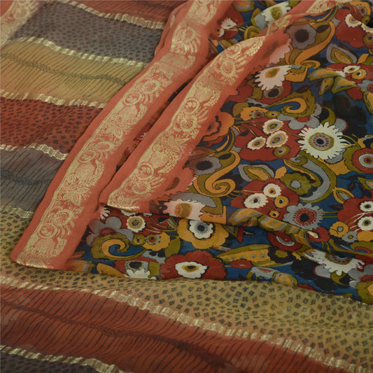 Sanskriti Vintage Sarees Print Blue Quilting Felting Craft Sustainable Fabric Pure Georgette