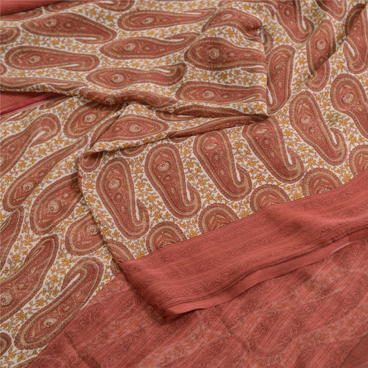 Sanskriti Vintage Sarees Ivory/Red Pure Chiffon Silk Print Sari 5yd Craft Sustainable Fabric