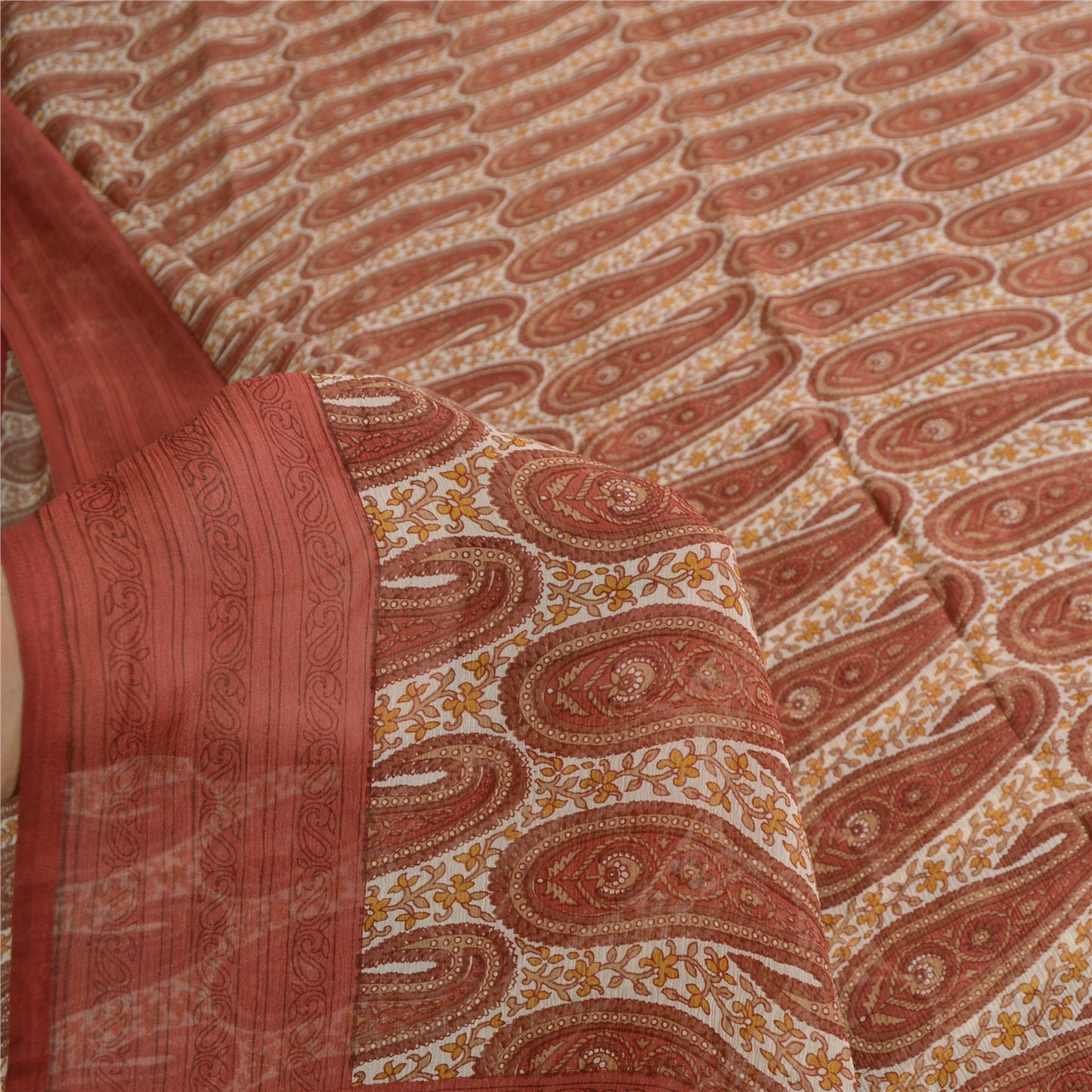 Sanskriti Vintage Sarees Ivory/Red Pure Chiffon Silk Print Sari 5yd Craft Sustainable Fabric