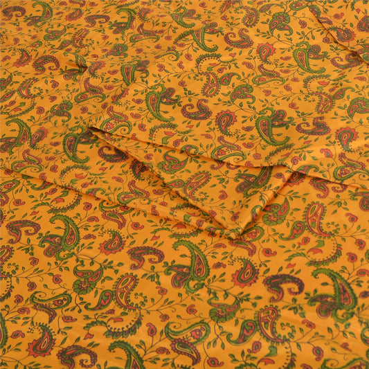 Sanskriti Vintage Sarees Yellow 100% Pure Silk Printed Sari 5yd Craft Sustainable Fabric