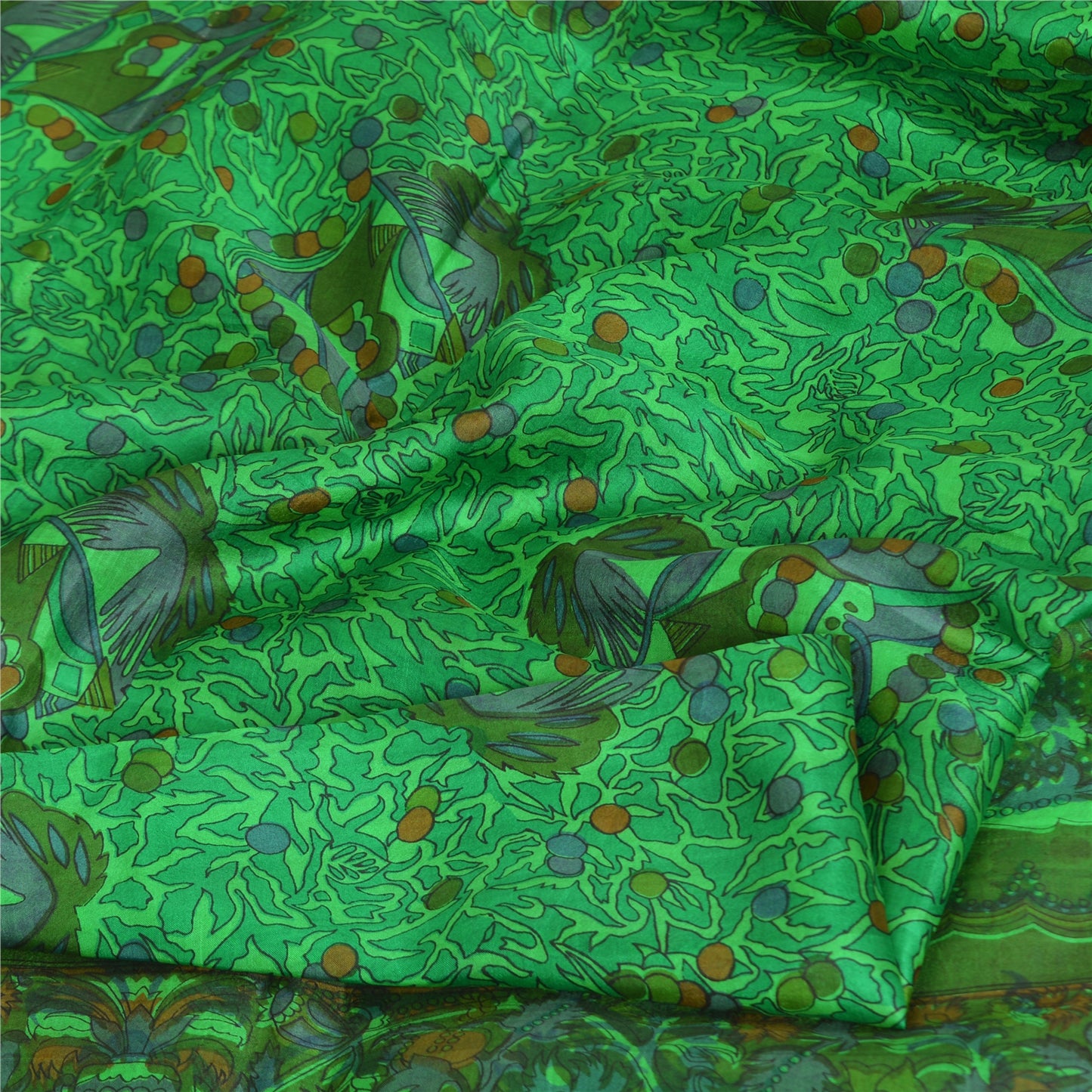 Sanskriti Vintage Sarees Green Zari Border Pure Silk Printed Sari Craft Sustainable Fabric