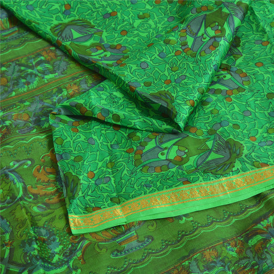 Sanskriti Vintage Sarees Green Zari Border Pure Silk Printed Sari Craft Sustainable Fabric