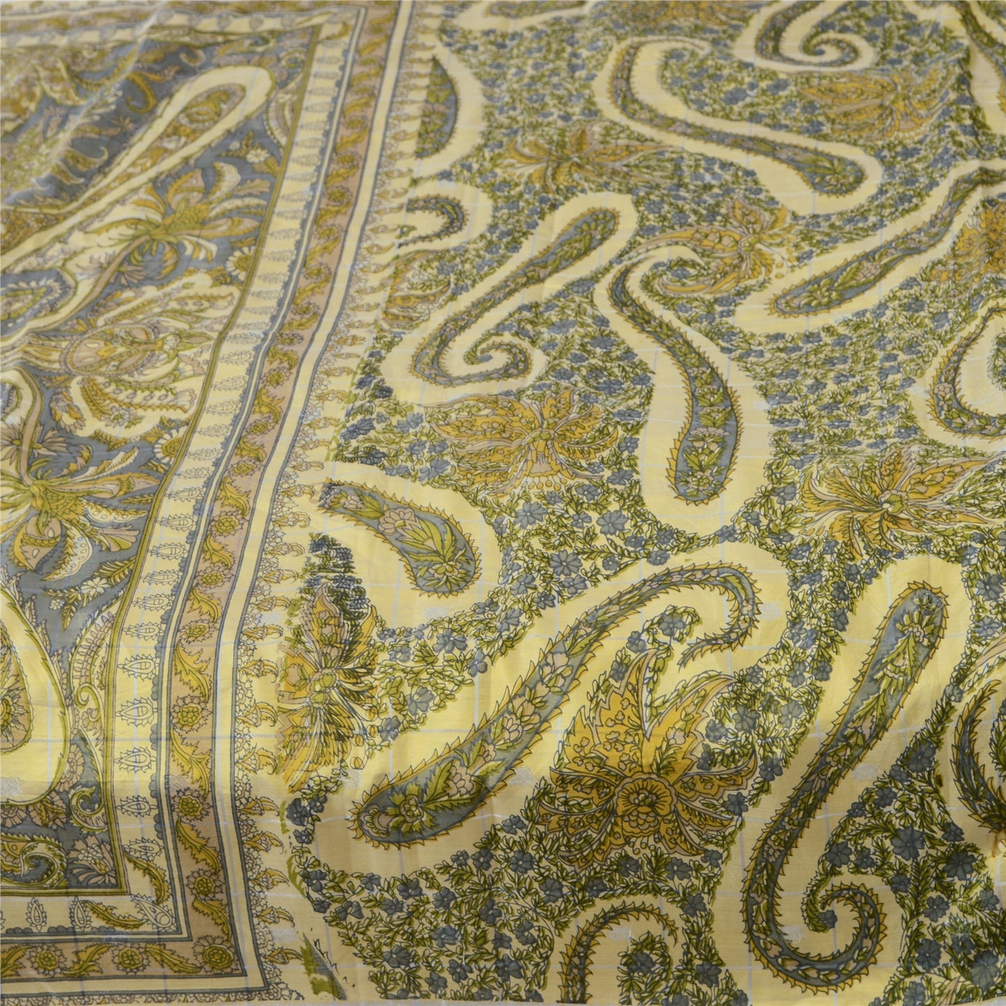 Sanskriti Vintage Sarees Indian Cream Pure Silk Printed Sari 5yd Craft Sustainable Fabric