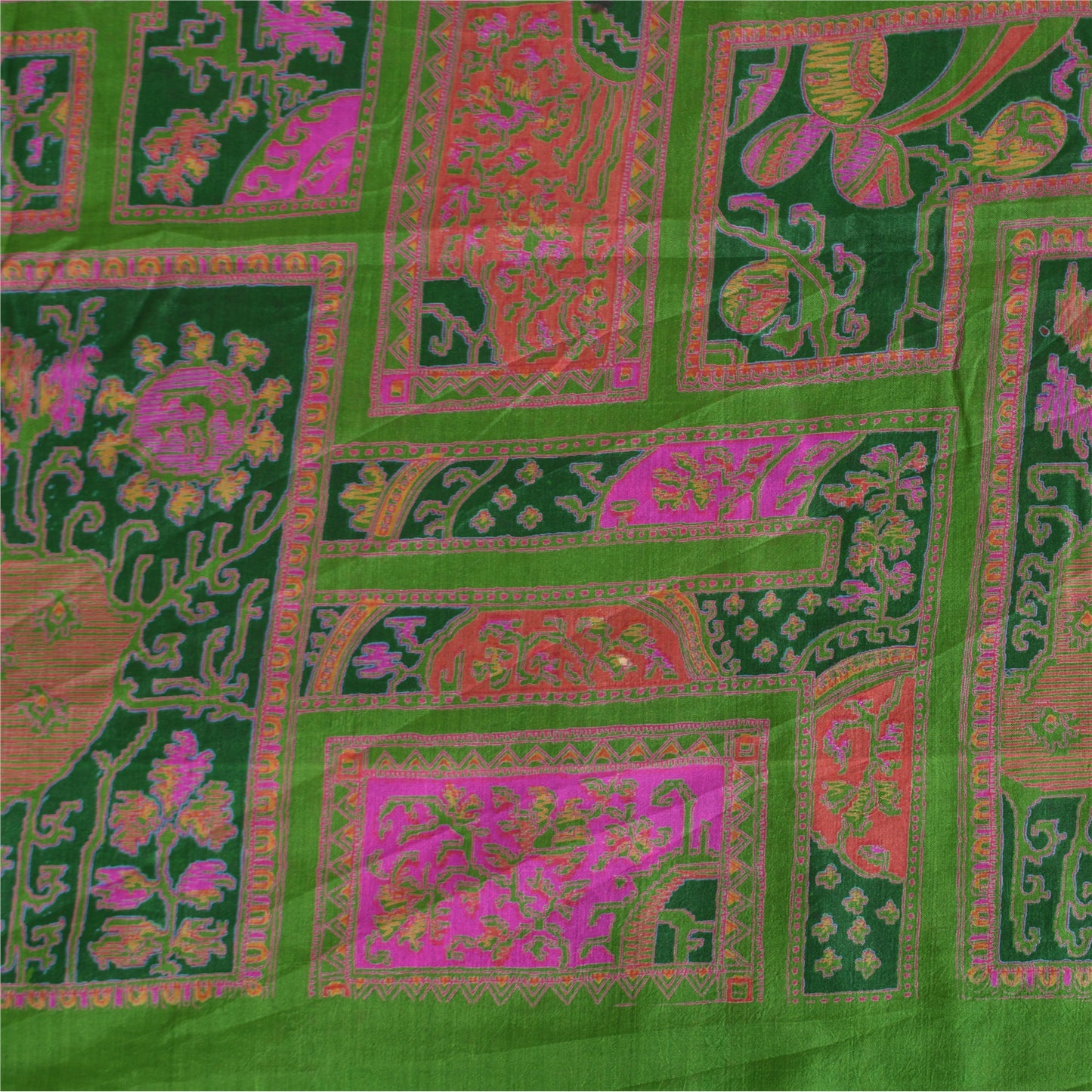 Sanskriti Vintage Sarees Grøn/Pink Zari Kant Ren Silke Print Sari 5 m Bæredygtigt Stof