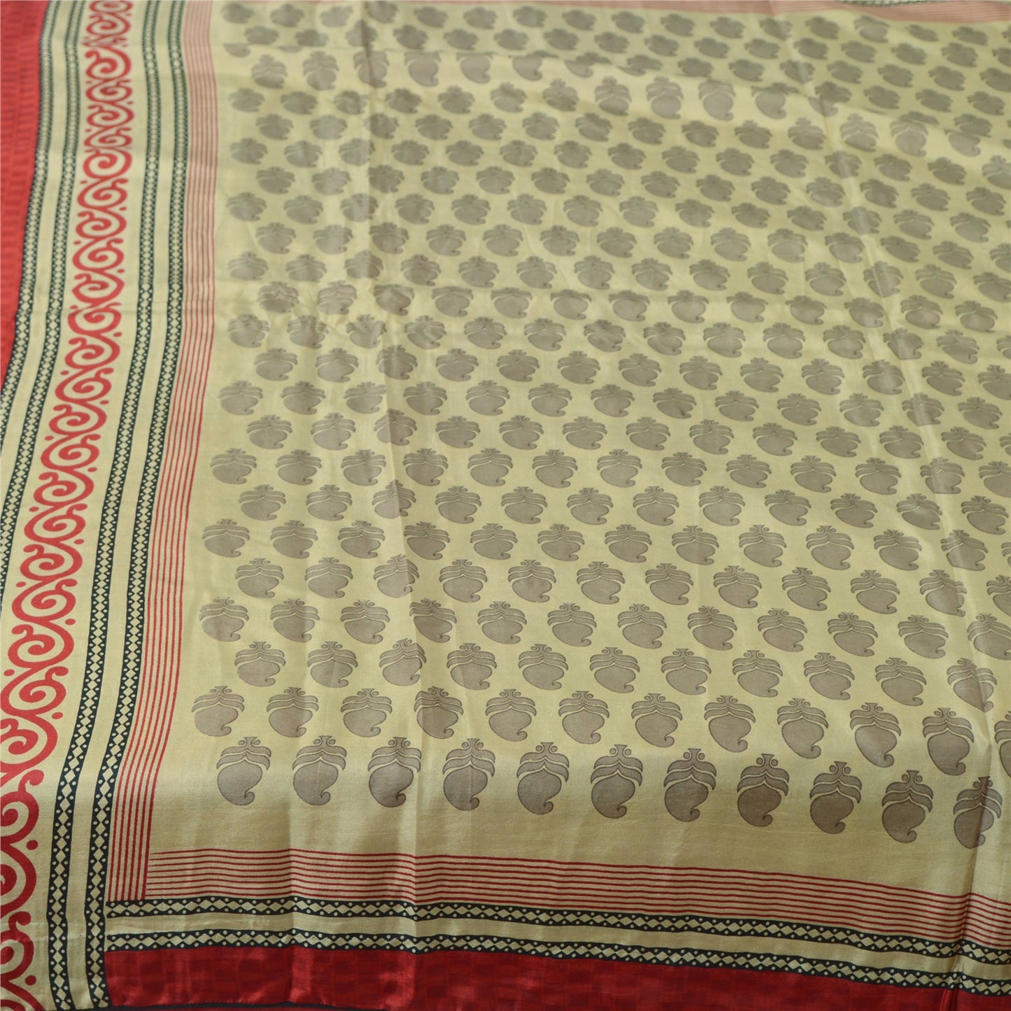 Sanskriti Vintage Sarees Cream Block Printed Pure Silk Sari Floral Craft Sustainable Fabric