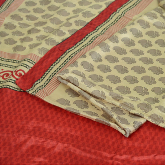Sanskriti Vintage Sarees Cream Block Printed Pure Silk Sari Floral Craft Sustainable Fabric