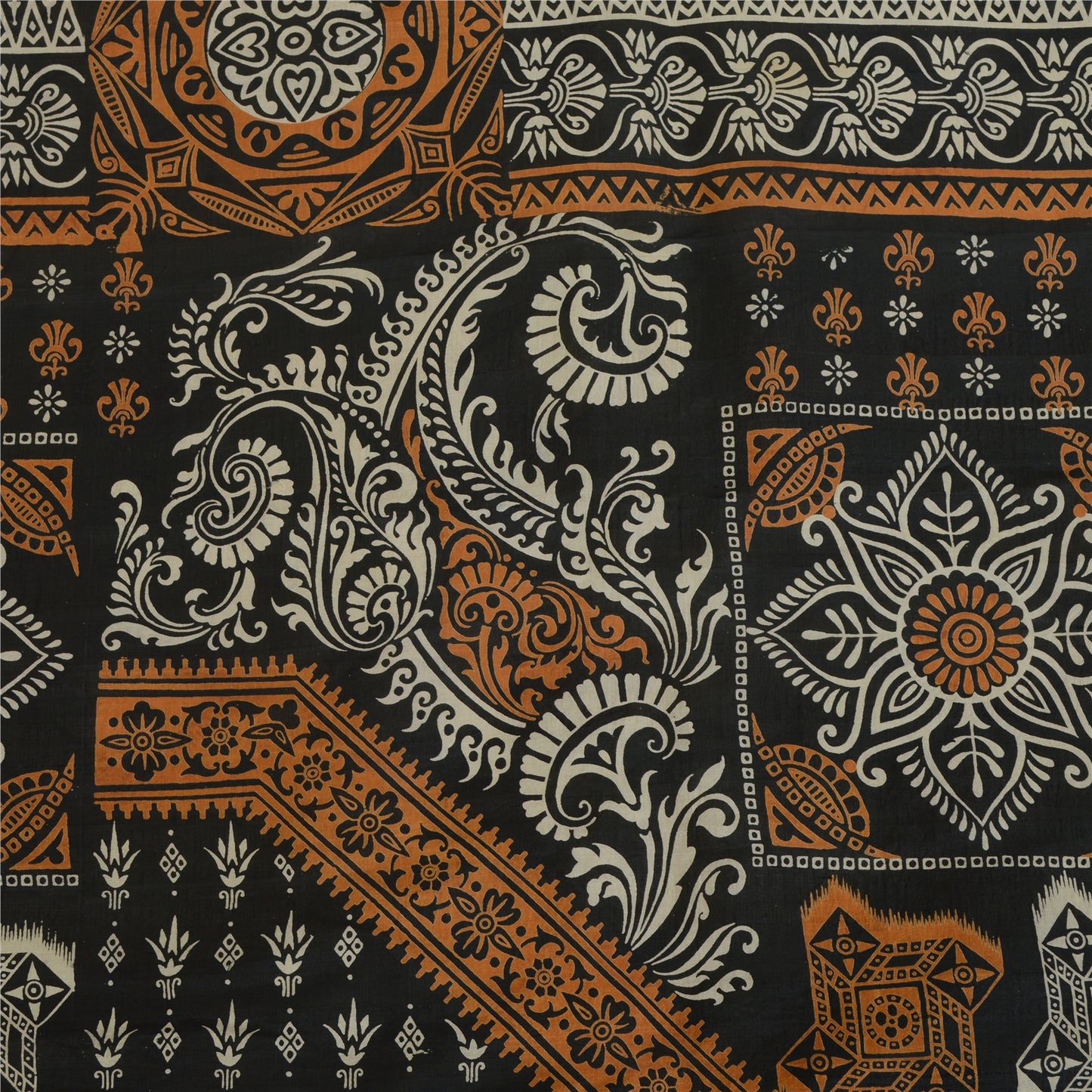 Sanskriti Vintage Sarees Cream/Black Pure Silk Printed Sari 5yd Craft Sustainable Fabric