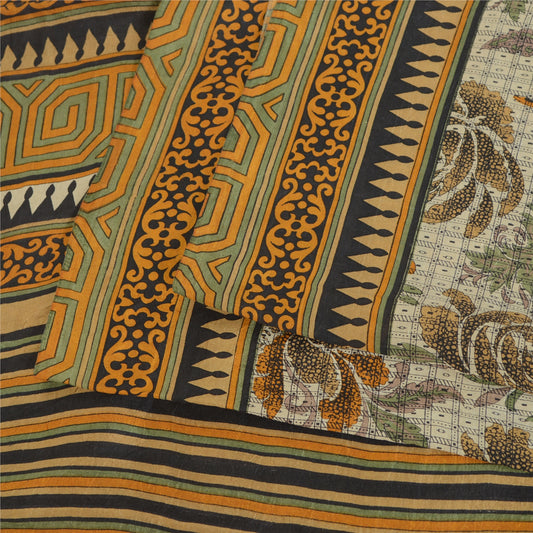 Sanskriti Vintage Sarees Ivory Indian Pure Silk Printed Sari 5yd Craft Sustainable Fabric