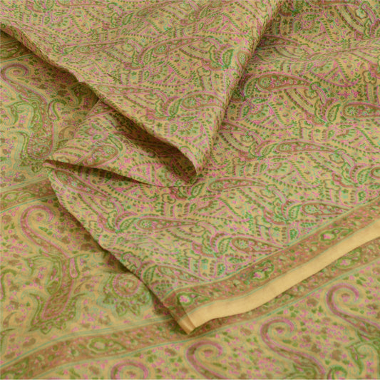 Sanskriti Vintage Sarees Beige Indian Pure Silk Printed Sari 6yd Craft Sustainable Fabric