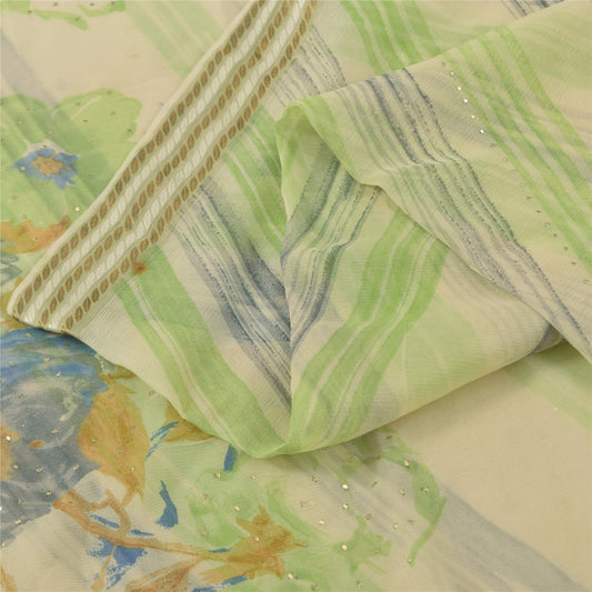 Sanskriti Vintage Sarees Cream Pure Chiffon Silk Printed Sari 5+yd Craft Sustainable Fabric