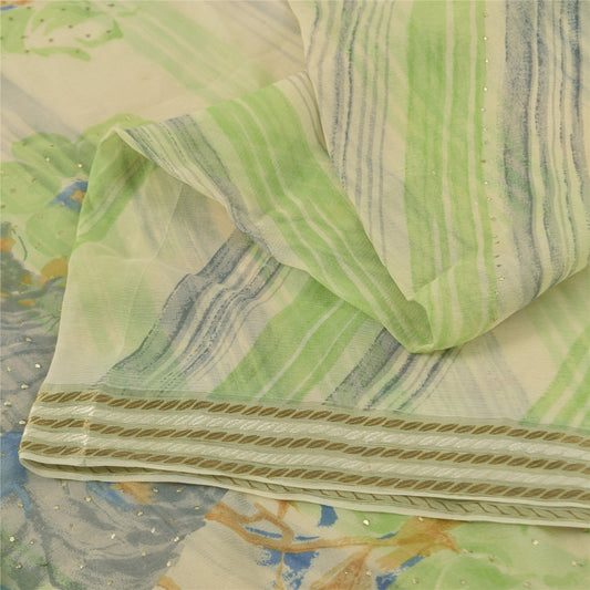 Sanskriti Vintage Saree Cream 100% Pure Chiffon Silk Print Sarees 5+Yd Craft Fabric Floral Design- Dresses, Kaftans, Skirts, Tops Projects