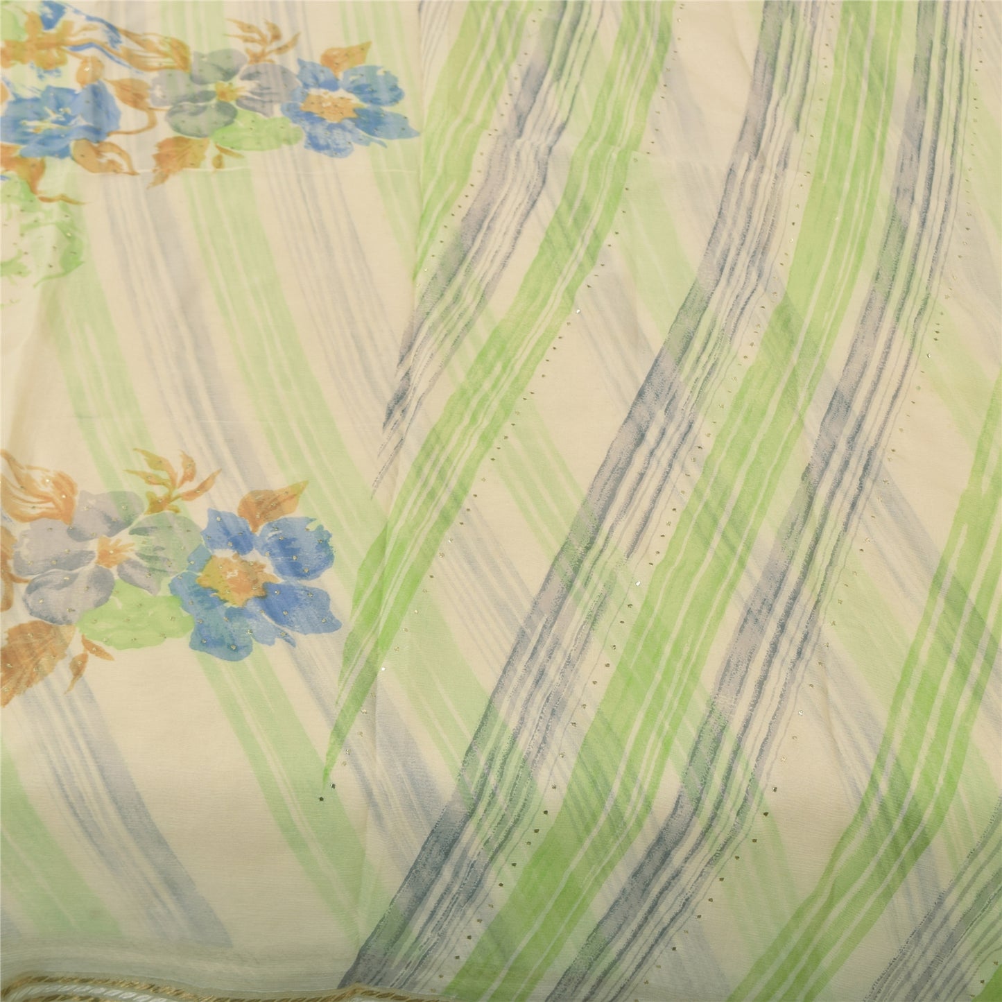 Sanskriti Vintage Sarees Cream Pure Chiffon Silk Printed Sari 5+yd Craft Sustainable Fabric