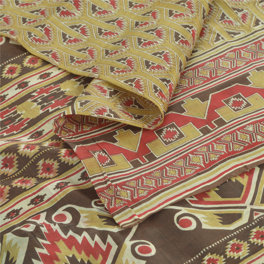 Sanskriti Vintage Sarees Olive Green Pure Silk Printed Sari 6yd Craft Sustainable Fabric