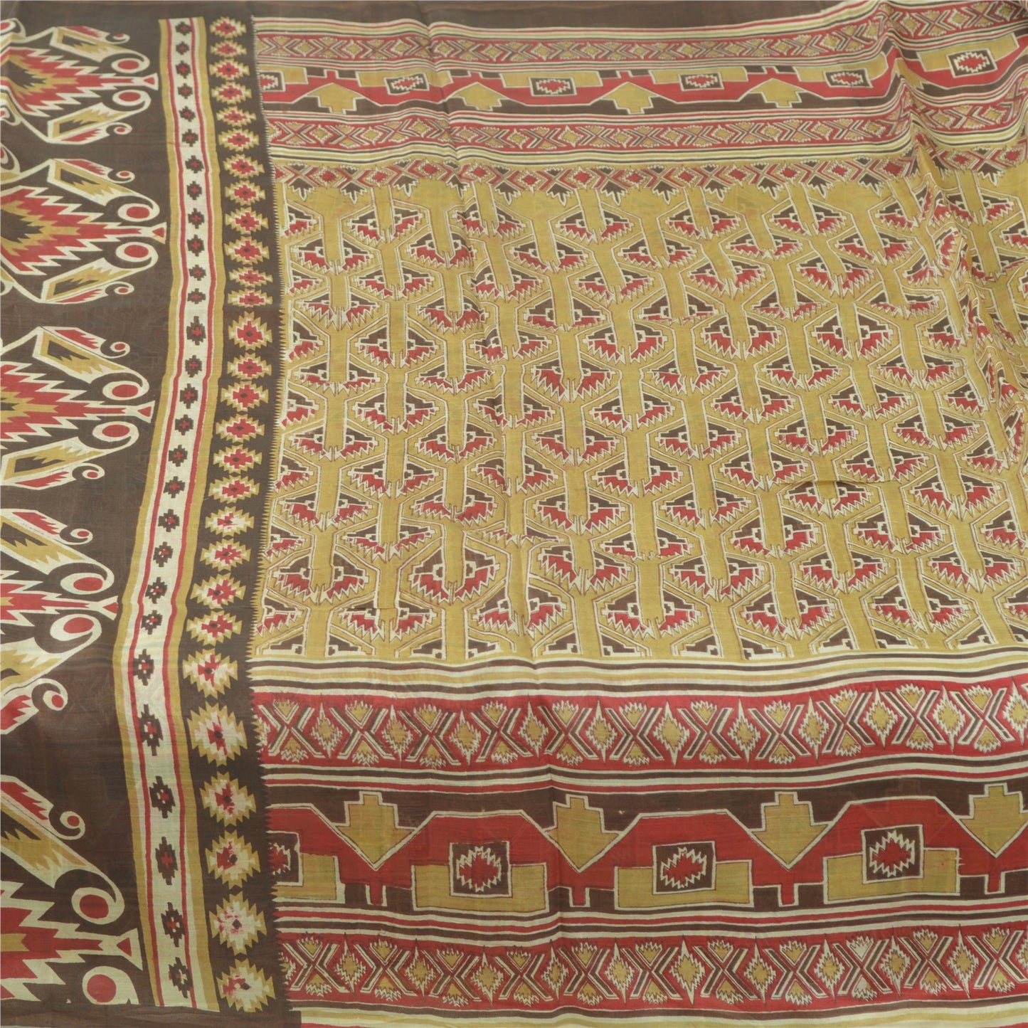 Sanskriti Vintage Sarees Olive Green Pure Silk Printed Sari 6yd Craft Sustainable Fabric